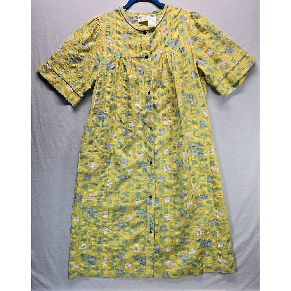 Coffee Time Womens Small Yellow Floral Seersucker House Dress Robe Duster VTG